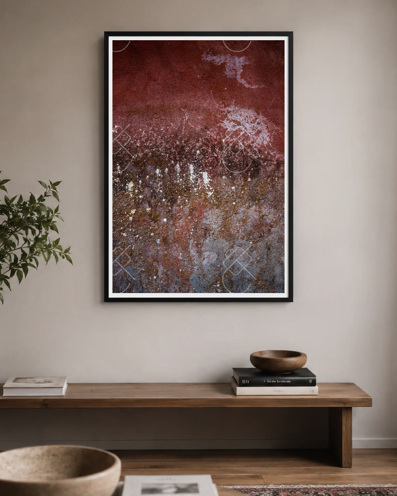 Weathered rust-red wall texture print framed and hung above a console table